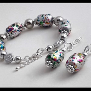 Rainbow Paint Splatter Style Bracelet and Earring Set - with Silver Accents- Great Jewelry Gift!