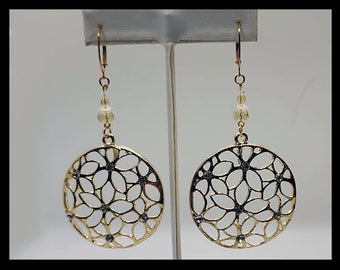 Gold Floral Enamel Leverback Earrings with Crystal Accents