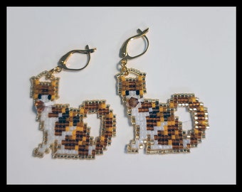 Miyuki Seed Bead Tabby Cat Earrings: Swarovski Crystal Collar