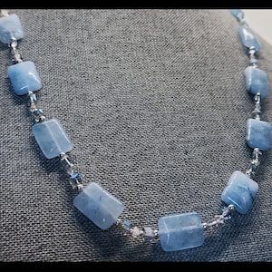 Blue Stone Necklace with Blue Cube and Clear Polygonal Crystal Accents. Handmade Beaded Necklace. Beaded Jewelry. Sky Blue Necklace.