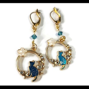 Dark Blue Glittery Cat with Flowers and Stars Earrings - Blue Cat Jewelry, Cat with Flowers Earrings, Cat in Nature Jewelry