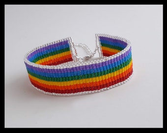 Gay Pride Bracelet: Miyuki Seed Bead Rainbow with Silver Accents