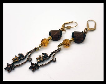 Brown Bevelled Swarovski Earrings with Floral Accents and Yellow Swarovski Crystals. Floral Earrings. Victorian Jewelry. Swarovski Earrings