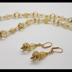 Yellow and Gold Swarovski Crystal Necklace and Earring Set. Swarovski Crystal Rondelles, Cracked Glass, and Frosted Glass Beads.