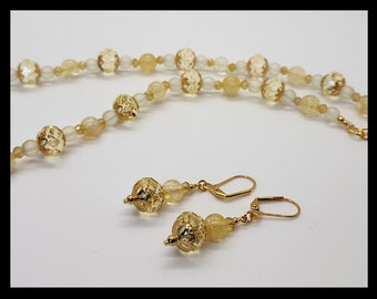 Yellow Swarovski Crystal Necklace Earring Set: Hand-Beaded Gold Jewelry