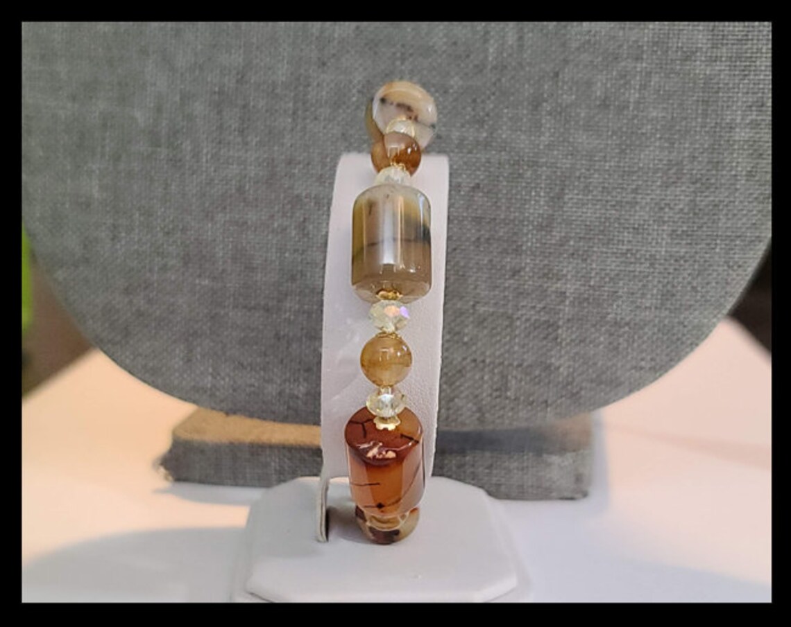 Hand Beaded Earth Tone Stone Like Glass Bracelet and Earring Set With