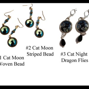Cats in Silver Plated and Brass Enamel Earrings - Cat Moon Woven bead, Cat Moon Striped Bead, Cat Night Dragonflies - Black Cat Earrings