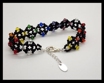 Rainbow Swarovski Crystal Bracelet: Black Super Duo Beads, Silver Accents