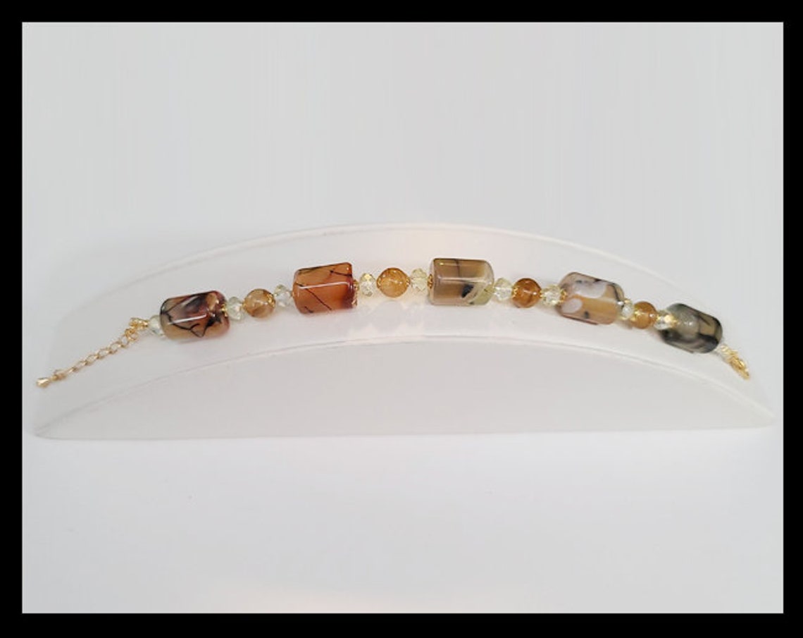 Hand Beaded Earth Tone Stone Like Glass Bracelet and Earring Set With