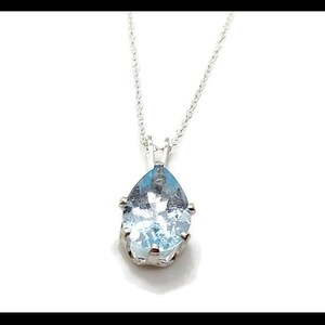 AquaTeardropPendant9x7mm1A - Aquamarine 9x7mm Teardrop Pendant (March Birthstone) with 24inch Silver Plated Chain Necklace