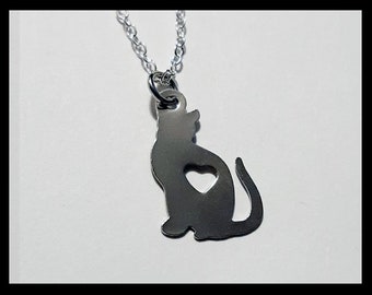 15x24mm Stainless Steel Cutout Cat with Heart Pendant with Adjustable Silver Plated Chain Necklace. Cute Cat Jewelry! Cat Lovers!