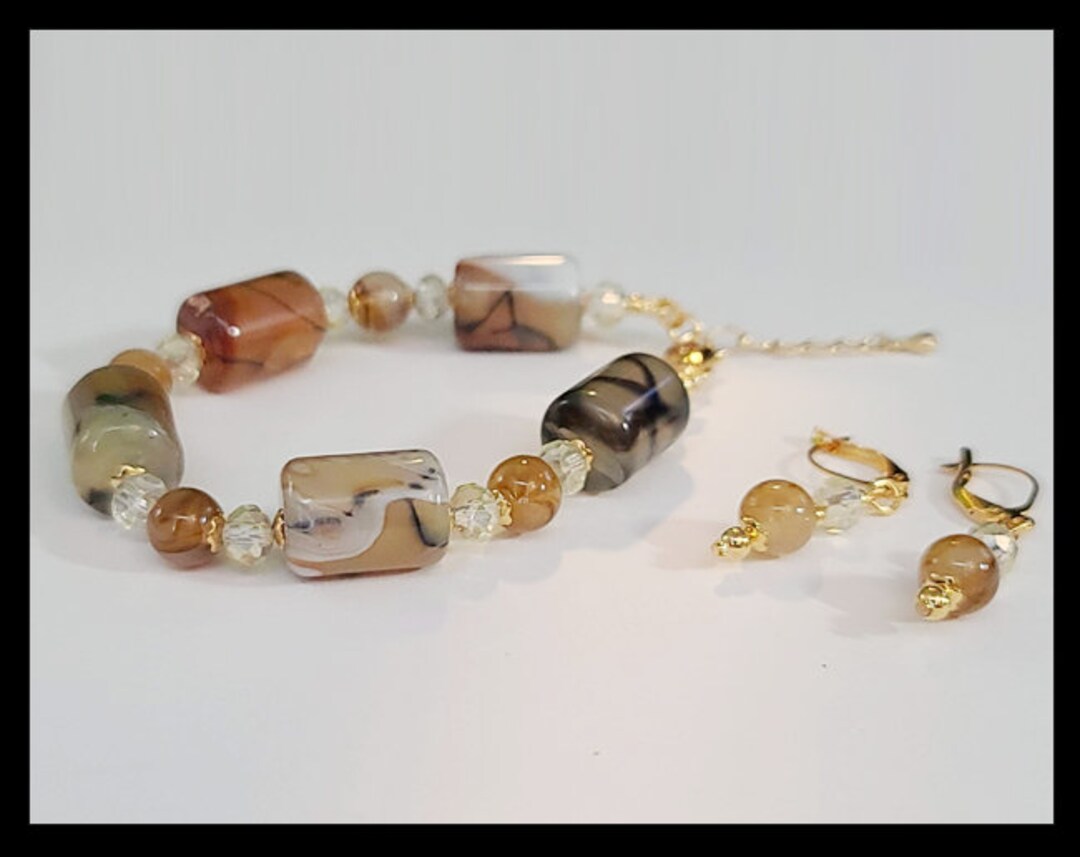 Hand Beaded Earth Tone Stone Like Glass Bracelet and Earring Set With
