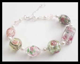 Floral Lampwork Glass Bracelet with Swarovski Pearl and Crystal Accents - A great Jewelry gift!