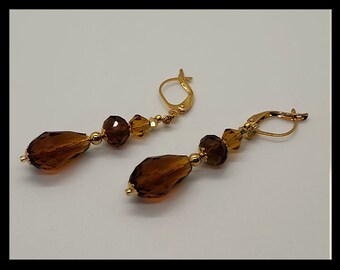 Hand Beaded Earthen Color Crystal Boho Hippie Earrings with Golden Accents. Boho Hippie Earrings. Earthen Crystals. Crystal Earrings