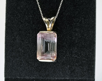 Emerald Cut Pink Quartz Pendant: Sterling Silver Adjustable Necklace