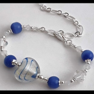 Blue Heart Swirl Lampwork Bracelet with Blue, White, and Silver Accents and Preciosa Crystals- Great Jewelry Gift!