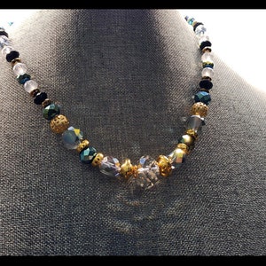 Gold, Teal, Black, and Clear, Elegant Hand Beaded Necklace with Crystal Accents