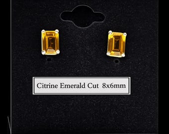 Sterling Silver 8x6mm Citrine Emerald Studs, Genuine Emerald Cut Gemstone Studs, Handmade Silver Earrings, Minimalist Birthstone Jewelry