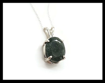 MossGreenAgateOvalPendant10x8mm1A - Moss Green Agate 10x8mm Oval Pendant w/ 20inch Sterling Silver Necklace Chain