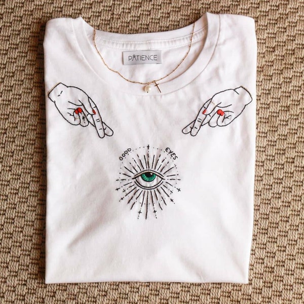 Hand embroidered t-shirt Good eyes/ handmade embroided t-shirt Good eyes