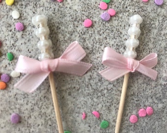 20 Pearl diamond mesh picks with pink bows, dessert bar, skewers, bow, gender reveal, baby girl, baby shower, tea party, pearls