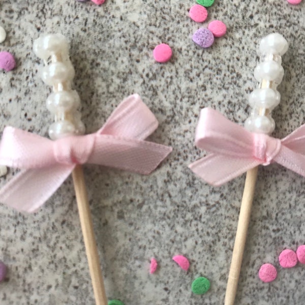 20 Pearl diamond mesh picks with pink bows, dessert bar, skewers, bow, gender reveal, baby girl, baby shower, tea party, pearls