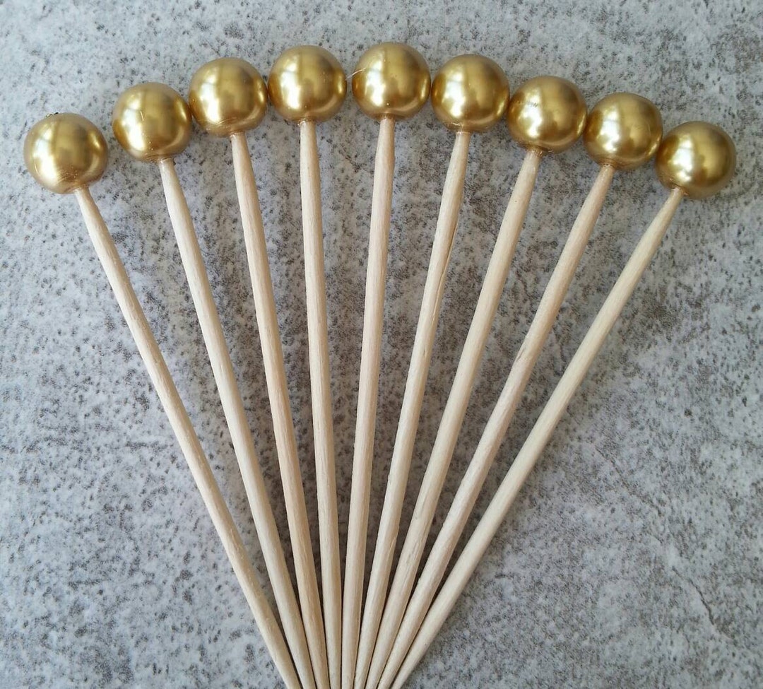 40. 8mm Antique Gold Glass Pearl Cocktail Party Picks, Hourderves, Party Supplies, Dessert Table