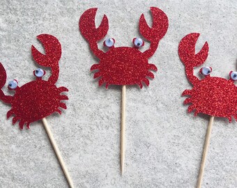 12 Red glitter crab cupcake picks, red glitter, beach theme, birthdays, beach event, pool party, dessert bar, under the sea, ocean, dessert