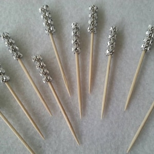 20 Silver rhinestone bling picks, horderve, cocktail picks, weddings, birthdays, baby showers, diamond mesh, parties, bling sticks, glitter