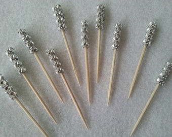 20 Silver rhinestone bling picks, horderve, cocktail picks, weddings, birthdays, baby showers, diamond mesh, parties, bling sticks, glitter