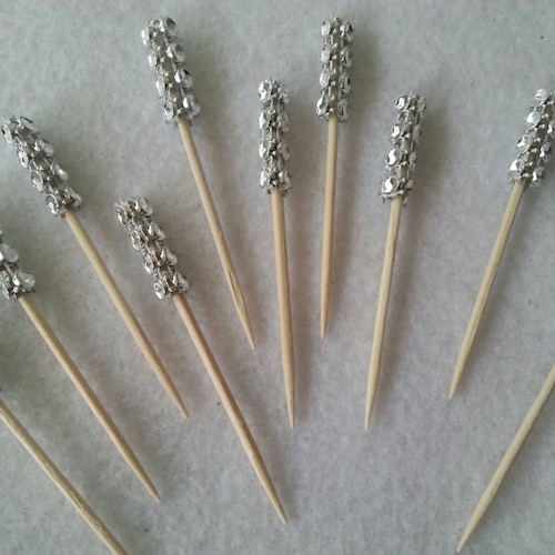 20 Silver Rhinestone Bling Picks Horderve Cocktail Picks Etsy