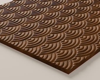 May include: A rectangular wooden panel featuring a carved, repeating pattern of concentric semicircles. The dark brown wood displays a natural grain texture, with the deep, rhythmic grooves creating a three-dimensional, wave-like effect.