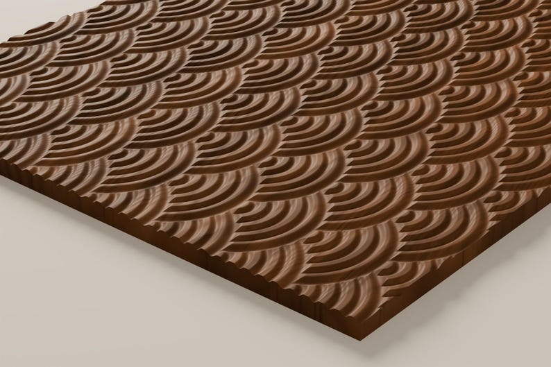 May include: A rectangular wooden panel featuring a carved, repeating pattern of concentric semicircles. The dark brown wood displays a natural grain texture, with the deep, rhythmic grooves creating a three-dimensional, wave-like effect.