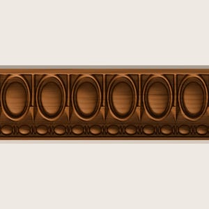 May include: A horizontal wooden moulding strip featuring a repeating pattern of carved vertical ovals set within rectangular frames, accented by a lower border of small, rounded, bead-like shapes in a medium brown wood grain finish.