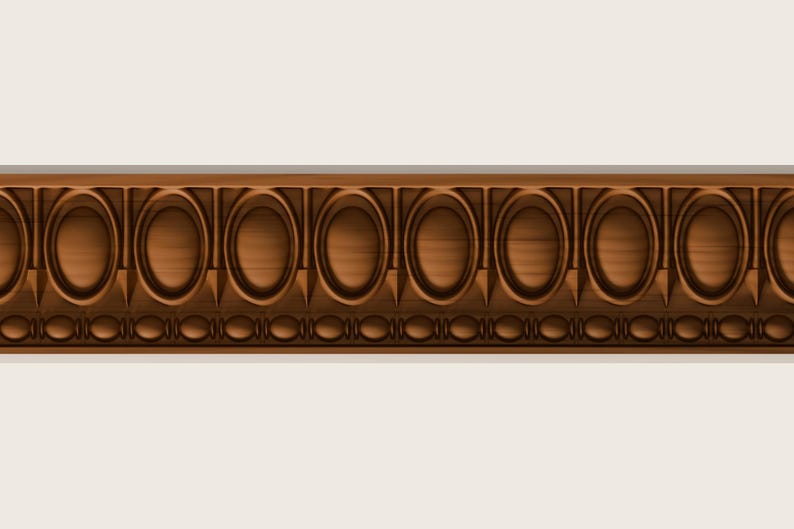 May include: A horizontal wooden moulding strip featuring a repeating pattern of carved vertical ovals set within rectangular frames, accented by a lower border of small, rounded, bead-like shapes in a medium brown wood grain finish.