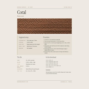 May include: A digital cut sheet for a brain coral texture pack. The document features a brown, wavy, brain-like pattern at the top, followed by technical specifications, a suggested setup, and a procedure list for CNC carving.