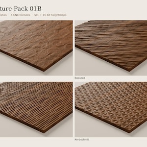 May include: Texture Pack 01B featuring four brown wood panels with distinct surface patterns labelled Riven, Boasted, Gouged, and Kerbschnitt. The digital collection includes STL and 16-bit heightmaps for CNC machining applications.
