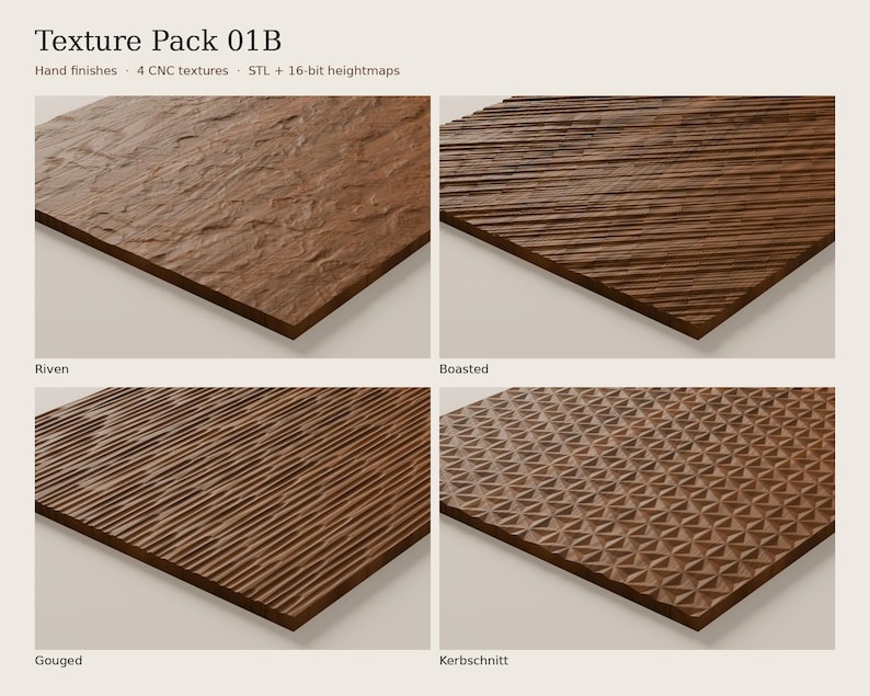 May include: Texture Pack 01B featuring four brown wood panels with distinct surface patterns labelled Riven, Boasted, Gouged, and Kerbschnitt. The digital collection includes STL and 16-bit heightmaps for CNC machining applications.