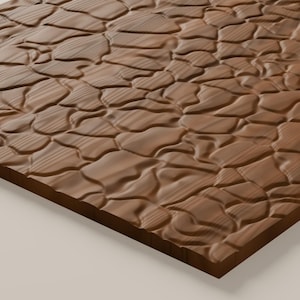 May include: A rectangular wooden panel featuring a carved, three-dimensional surface texture that mimics the appearance of irregular, rounded river stones or pebbles, with a visible wood grain pattern throughout the brown surface.