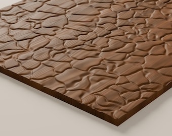 May include: A rectangular wooden panel featuring a carved, three-dimensional surface texture that mimics the appearance of irregular, rounded river stones or pebbles, with a visible wood grain pattern throughout the brown surface.