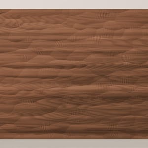 May include: A rectangular wooden panel featuring a medium brown tone with a distinct, repeating geometric pattern of faceted, multi-sided shapes that create a textured, three-dimensional surface effect across the entire grain.