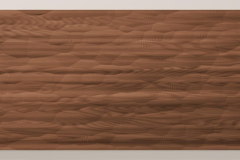 May include: A rectangular wooden panel featuring a medium brown tone with a distinct, repeating geometric pattern of faceted, multi-sided shapes that create a textured, three-dimensional surface effect across the entire grain.