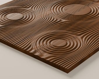 May include: A rectangular wooden panel featuring a carved surface with a series of concentric circular patterns that resemble ripples in water. The dark brown wood grain is visible throughout the textured, undulating surface design.