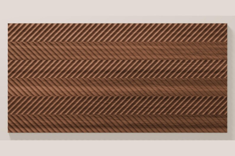 Puede incluir: Un panel rectangular de madera con un patr&oacute;n repetitivo de bandas horizontales con ranuras diagonales. La madera tiene un tono marr&oacute;n medio con vetas visibles, y la textura de la superficie alterna entre secciones lisas y estriadas.