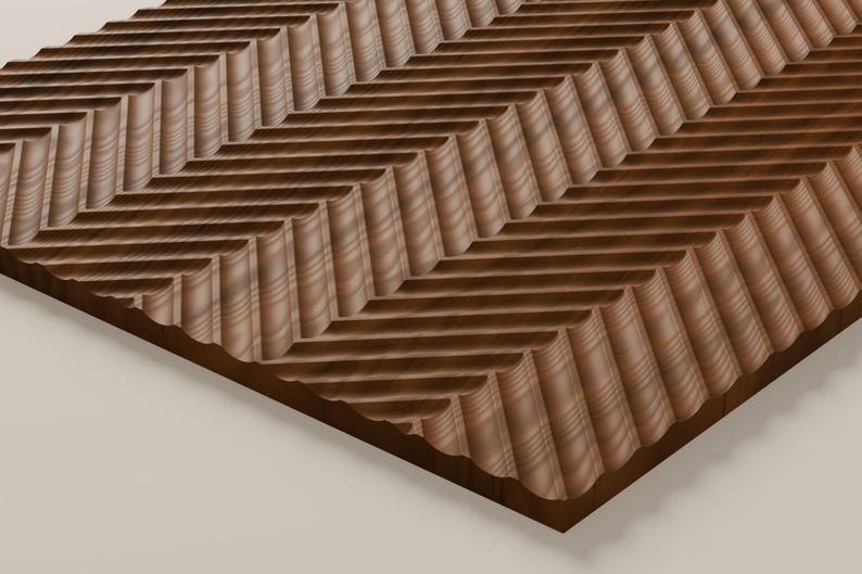Puede incluir: Una tabla de madera rectangular con una superficie tallada con un patr&oacute;n de espiga repetitivo. La madera de color marr&oacute;n oscuro muestra l&iacute;neas de grano natural visibles que corren horizontalmente a trav&eacute;s de las crestas.