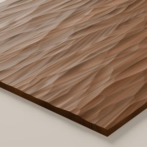 May include: A rectangular wooden panel featuring a carved, wavy, three-dimensional surface texture. The wood displays a natural medium brown tone with visible grain patterns running across the undulating, faceted ridges and valleys.