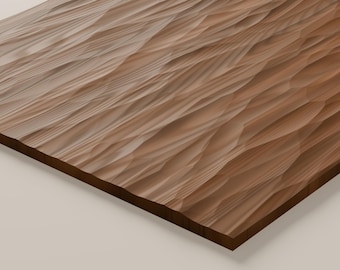 May include: A rectangular wooden panel featuring a carved, wavy, three-dimensional surface texture. The wood displays a natural medium brown tone with visible grain patterns running across the undulating, faceted ridges and valleys.