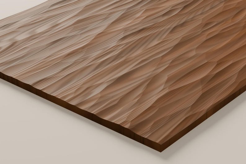 May include: A rectangular wooden panel featuring a carved, wavy, three-dimensional surface texture. The wood displays a natural medium brown tone with visible grain patterns running across the undulating, faceted ridges and valleys.