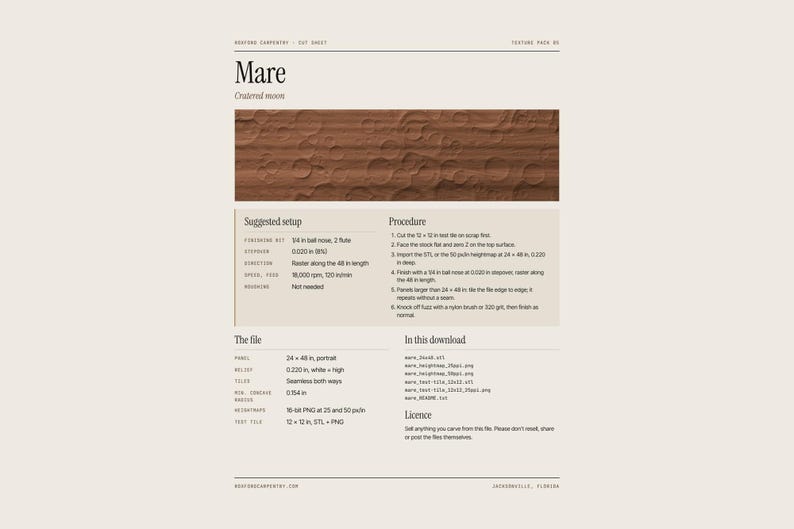 May include: A digital product information sheet titled Mare, featuring a brown, cratered moon texture graphic. The document includes technical specifications, a suggested setup, and a procedure list for CNC carving, with file details and a license section.
