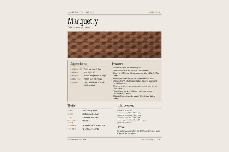 Puede incluir: Una hoja de corte digital para un patr&oacute;n de marqueter&iacute;a de cubos. El documento incluye una muestra visual de la textura de veta de madera marr&oacute;n, una tabla de configuraci&oacute;n sugerida, una lista de procedimientos y especificaciones.
